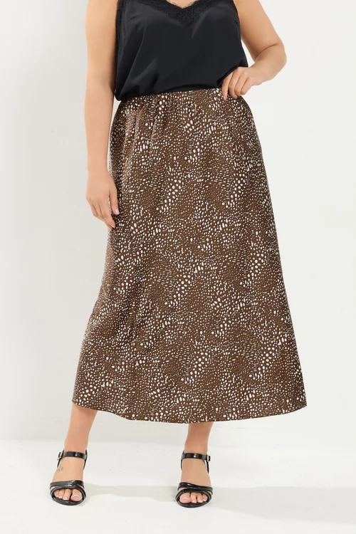 Yours Curve Chocolate Brown Deer Print Satin Skirt - 26-28 Image 1