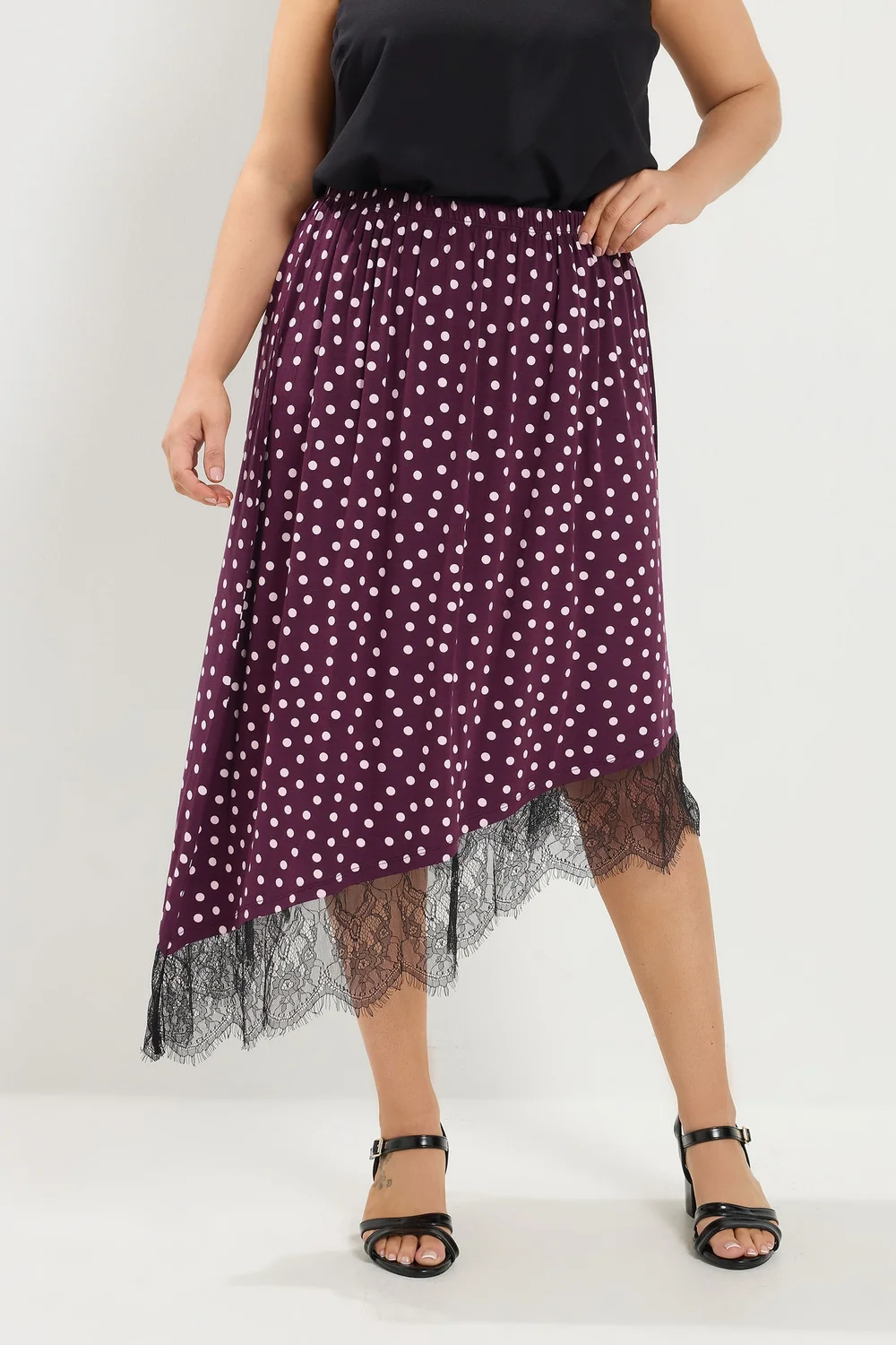 Yours Curve Purple Polka Dot Lace Asymmetric Hem Skirt - 16 Image 2