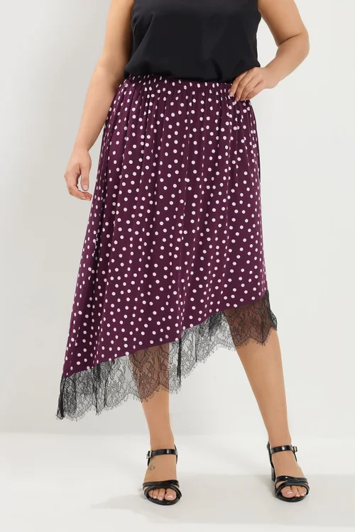 Yours Curve Purple Polka Dot Lace Asymmetric Hem Skirt - 16 Image 2