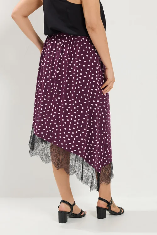 Yours Curve Purple Polka Dot Lace Asymmetric Hem Skirt - 16 Image 3