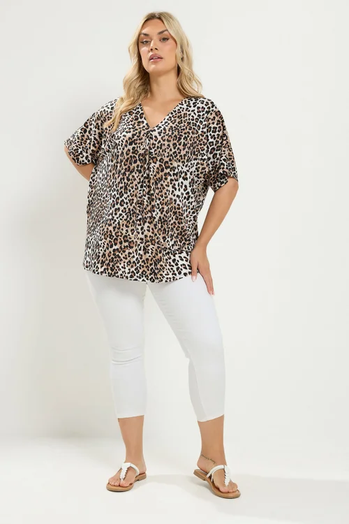 Yours Curve Brown Leopard Pleated Front Top - 30-32 Image 2