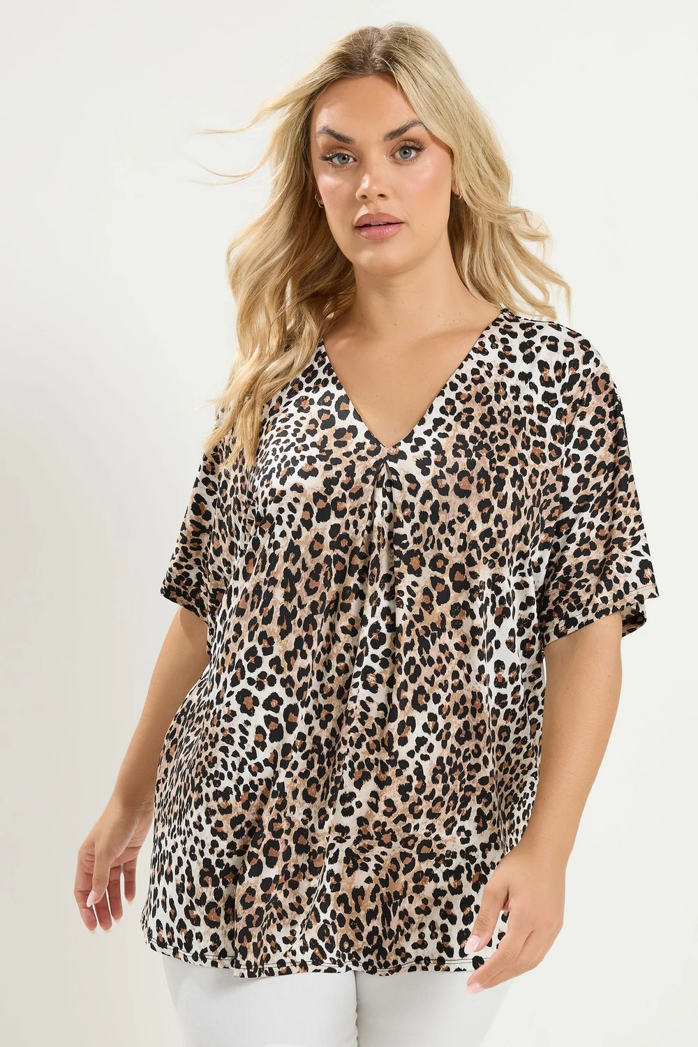 Yours Curve Brown Leopard Pleated Front Top - 30-32 Image 1