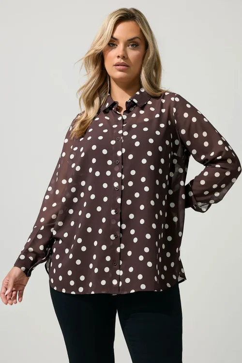 Yours London Curve Chocolate Brown Polka Dot Shirt - 24 Image 1
