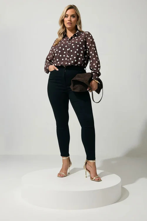 Yours London Curve Chocolate Brown Polka Dot Shirt - 24 Image 2