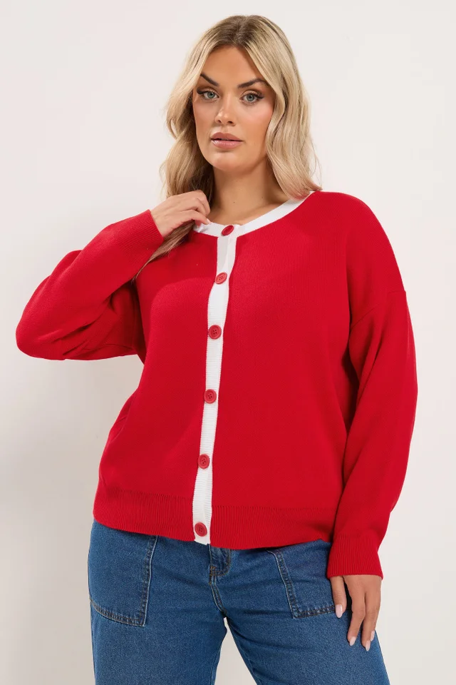 Yours Curve Red Contrast Knitted Cardigan