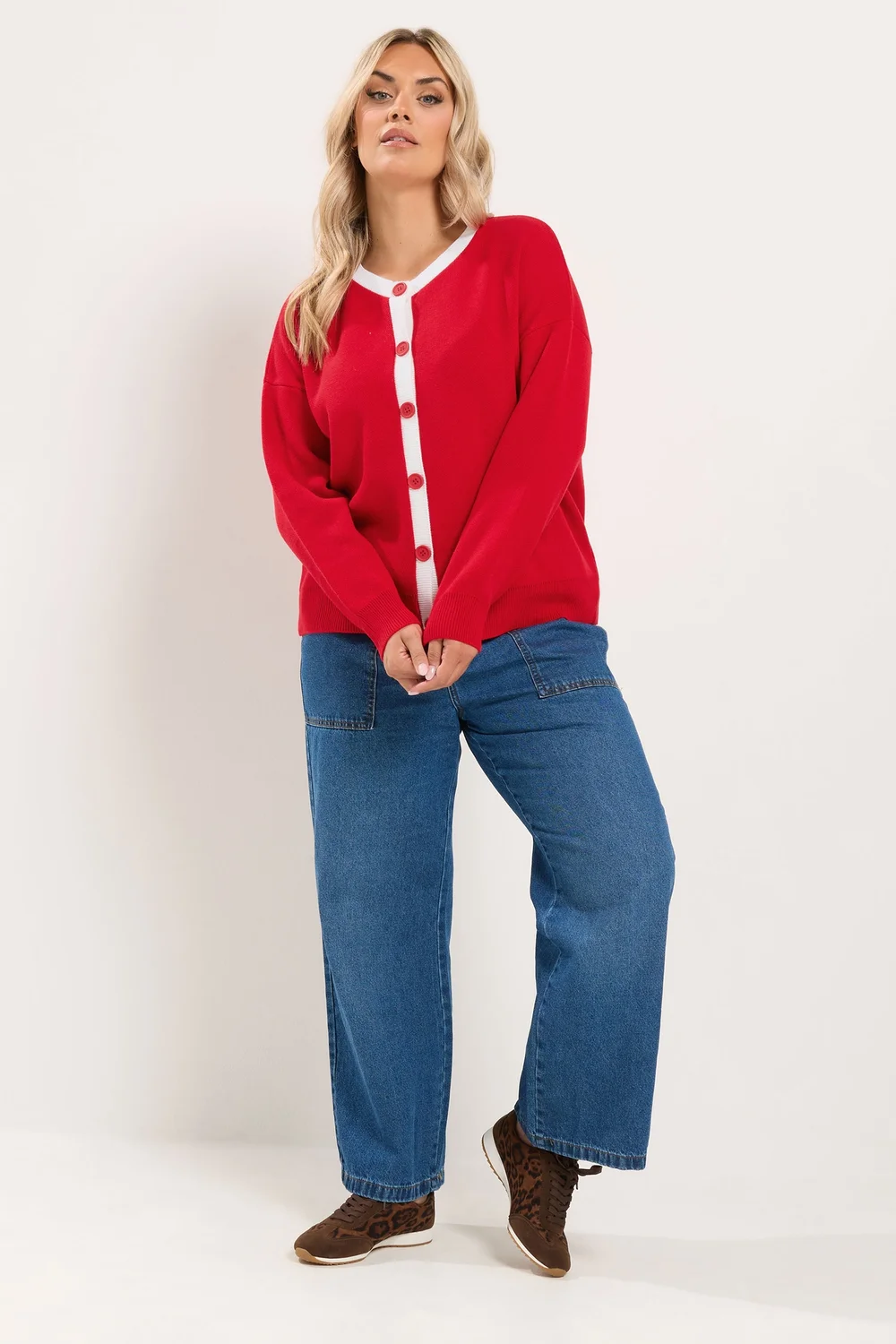 Yours Curve Red Contrast Knitted Cardigan - 30-32 Image 2