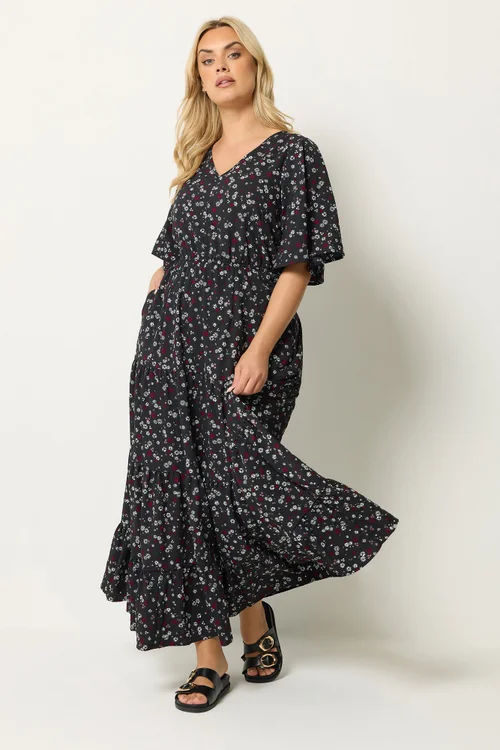 Yours Curve Black Ditsy Floral Textured Maxi Dress - 14 Image 2