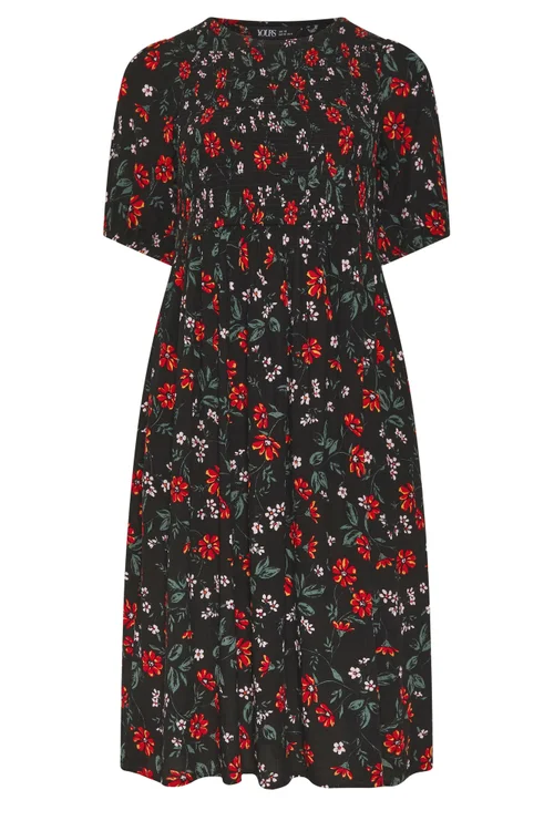 Yours Curve Black Floral Puff Sleeve Shirred Dress - 22-24 Image 5