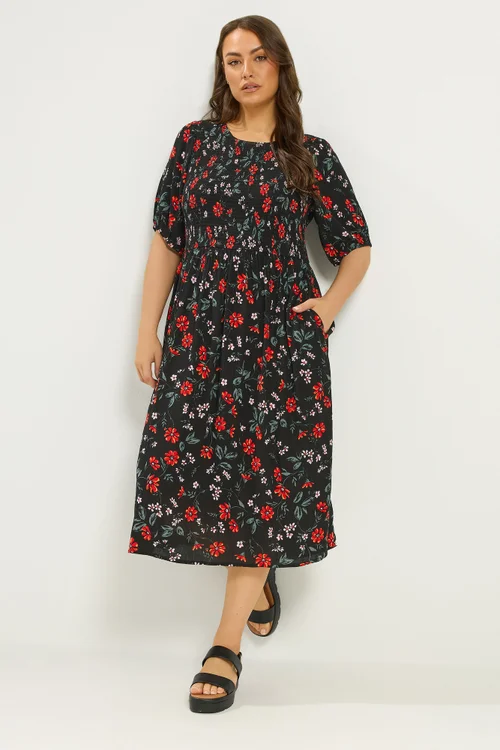 Yours Curve Black Floral Puff Sleeve Shirred Dress - 22-24 Image 1