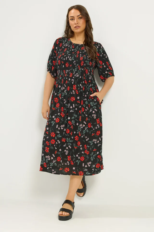 Yours Curve Black Floral Puff Sleeve Shirred Dress