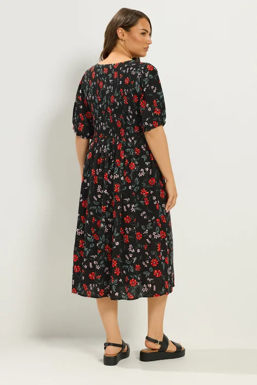 Yours Curve Black Floral Puff Sleeve Shirred Dress - 22-24 Image 3