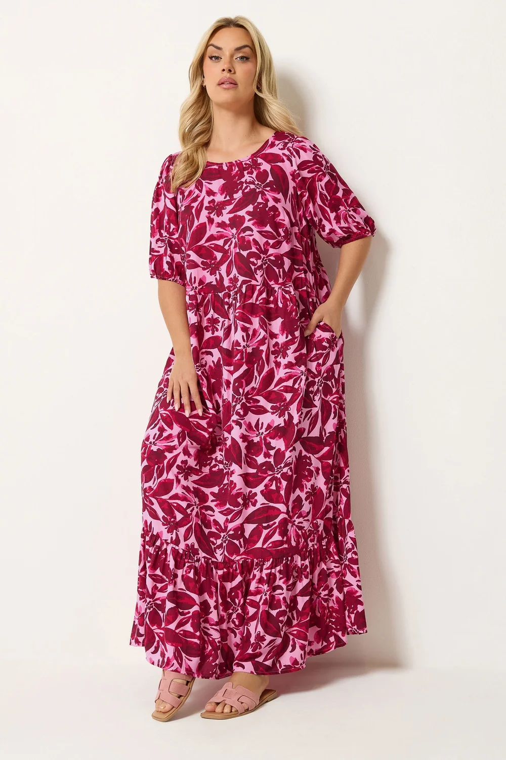 Yours Curve Pink Floral Smock Maxi Dress - 22-24 Image 3