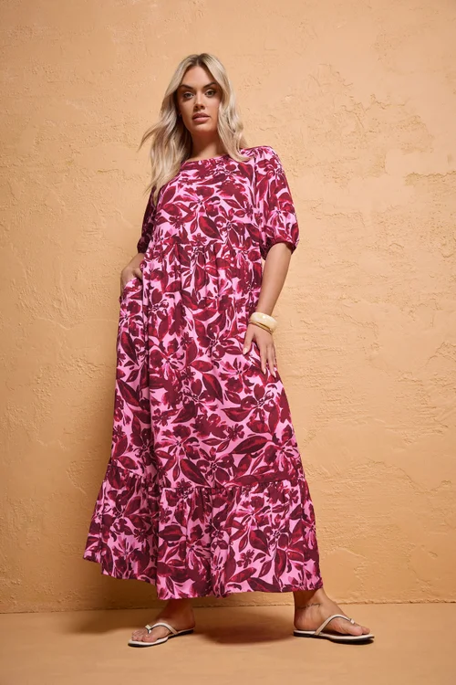 Yours Curve Pink Floral Smock Maxi Dress - 22-24 Image 1