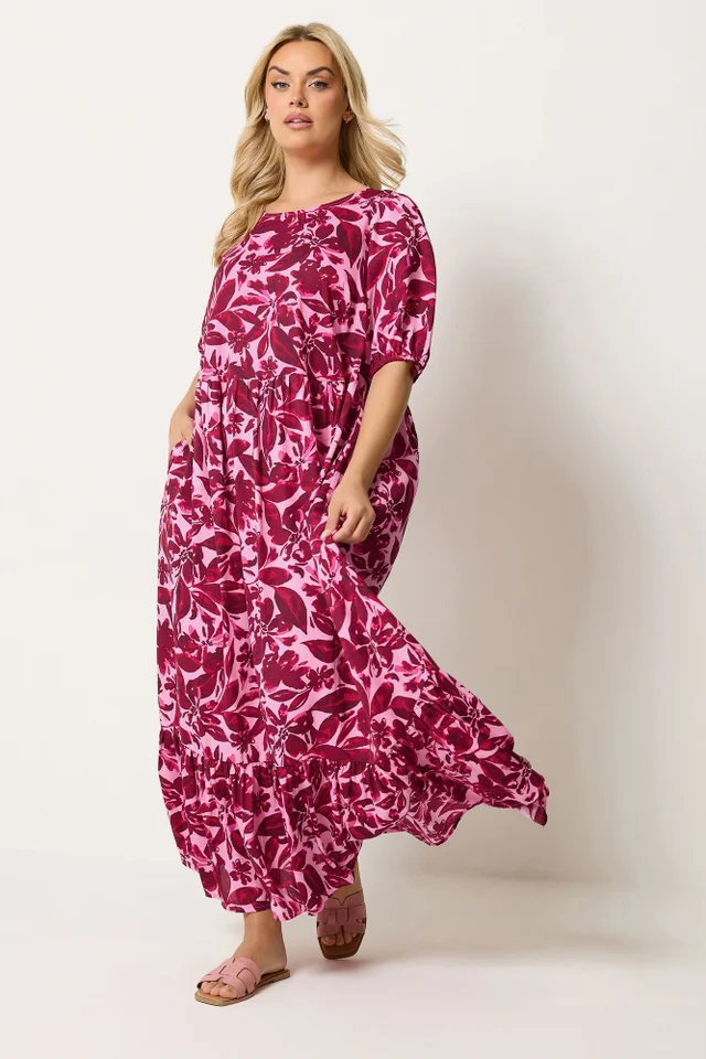 Yours Curve Pink Floral Smock Maxi Dress