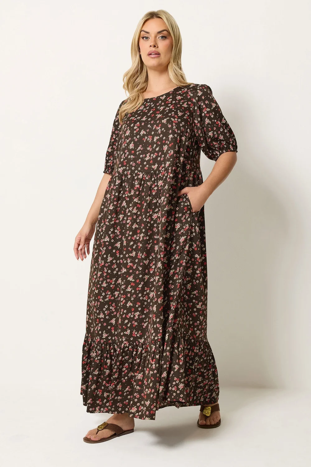 Yours Curve Brown Ditsy Floral Smock Maxi Dress - 14 Image 2