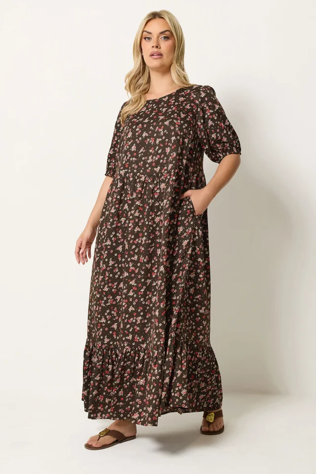 Yours Curve Brown Ditsy Floral Smock Maxi Dress