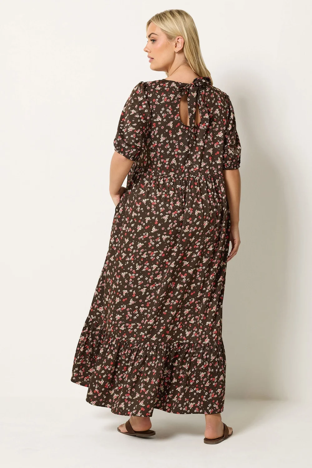 Yours Curve Brown Ditsy Floral Smock Maxi Dress - 14 Image 3