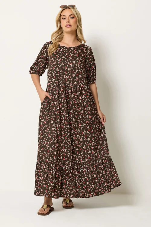 Yours Curve Brown Ditsy Floral Smock Maxi Dress - 14 Image 1