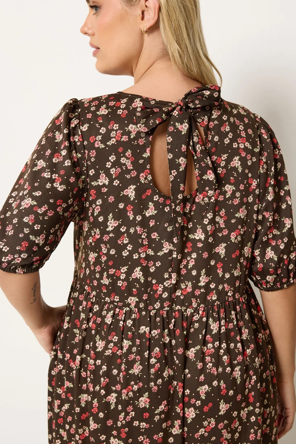 Yours Curve Brown Ditsy Floral Smock Maxi Dress - 14 Image 4