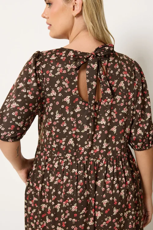 Yours Curve Brown Ditsy Floral Smock Maxi Dress - 14 Image 4