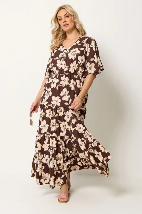 Yours Curve Brown Floral Tiered Maxi Dress - 26-28 Image 2