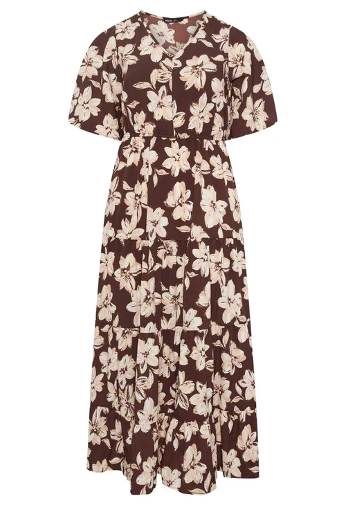 Yours Curve Brown Floral Tiered Maxi Dress - 26-28 Image 5