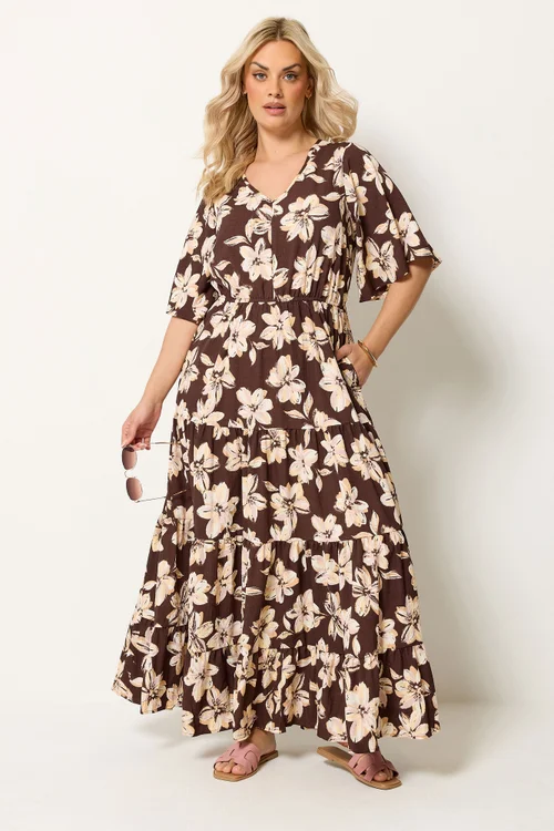 Yours Curve Brown Floral Tiered Maxi Dress - 26-28 Image 1