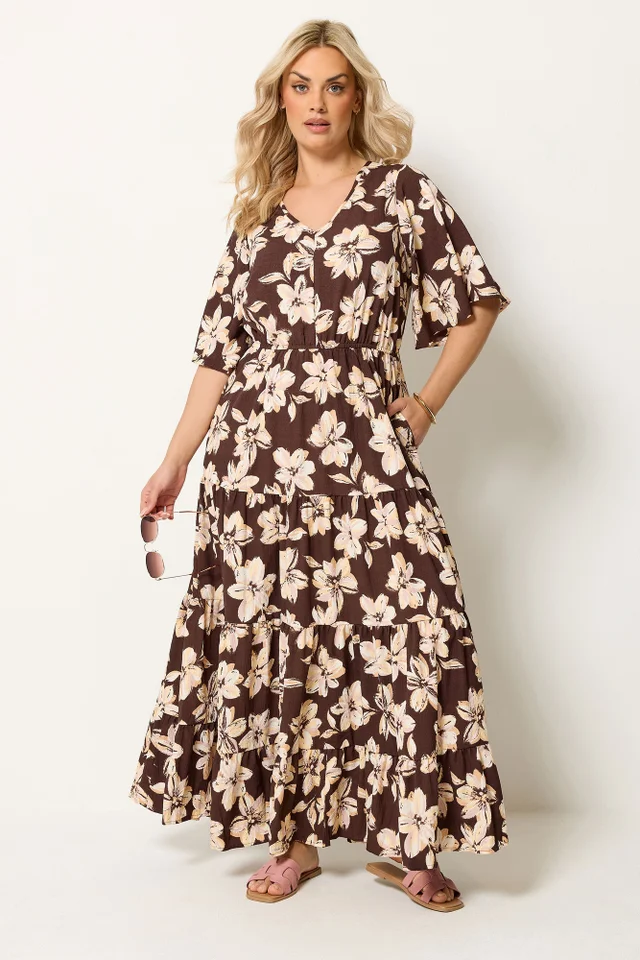Yours Curve Brown Floral Tiered Maxi Dress