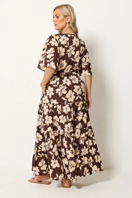 Yours Curve Brown Floral Tiered Maxi Dress - 26-28 Image 3