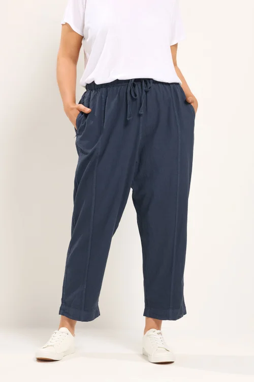 Yours Curve Navy Blue Cool Cotton Barrel Trousers - 12 Image 1