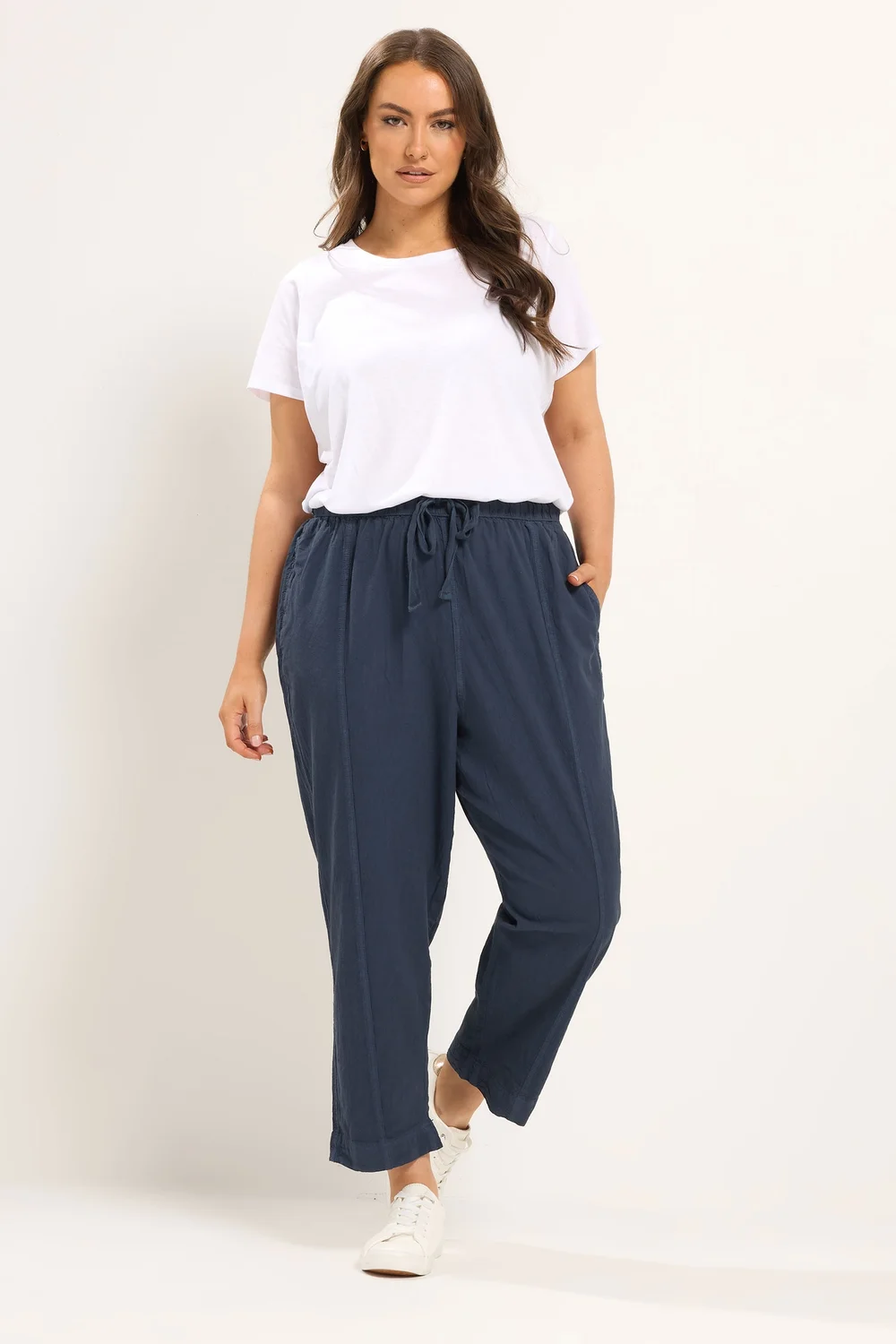 Yours Curve Navy Blue Cool Cotton Barrel Trousers - 12 Image 3
