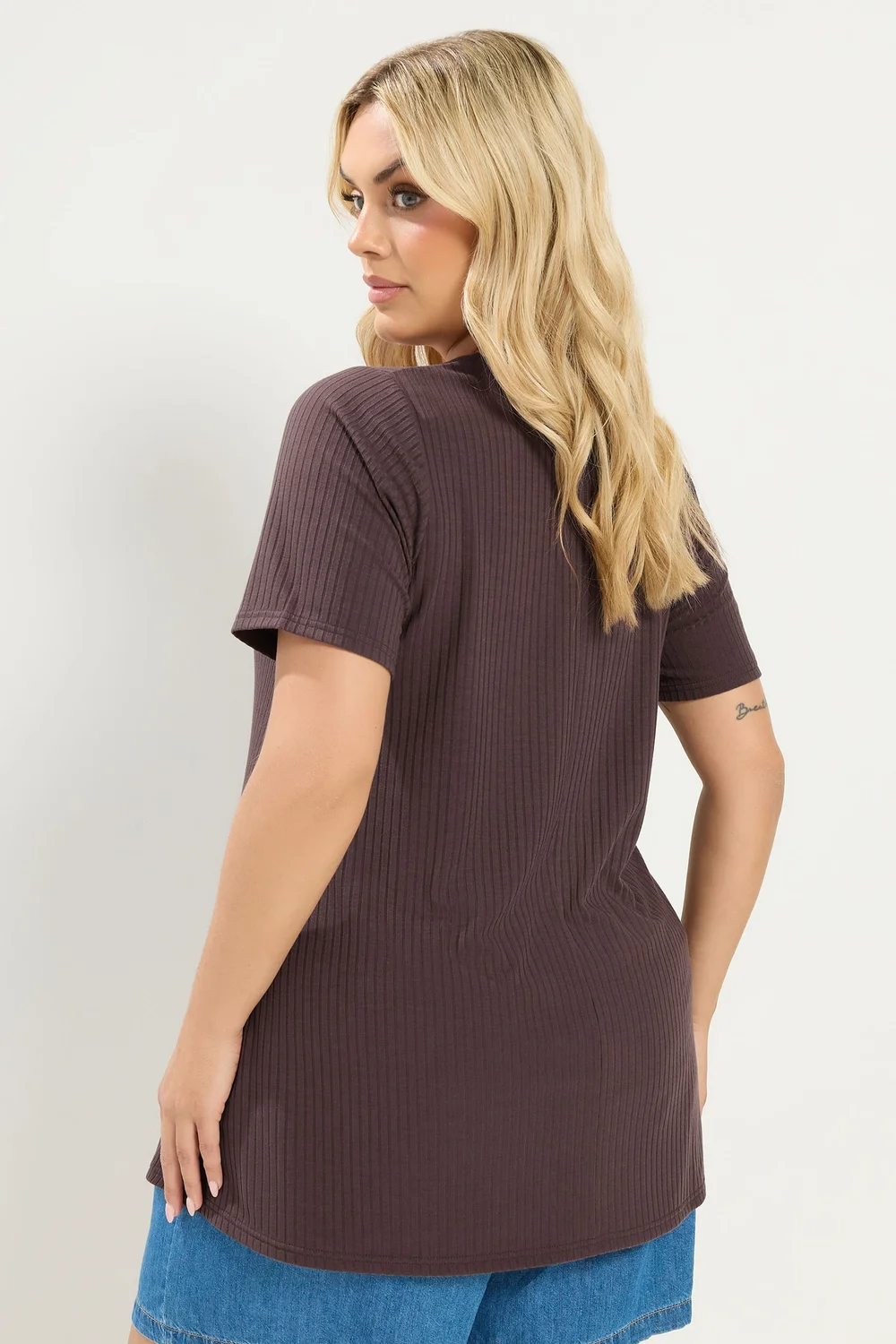 Yours Curve Brown Ribbed Short Sleeve T-Shirt - 18 Image 3