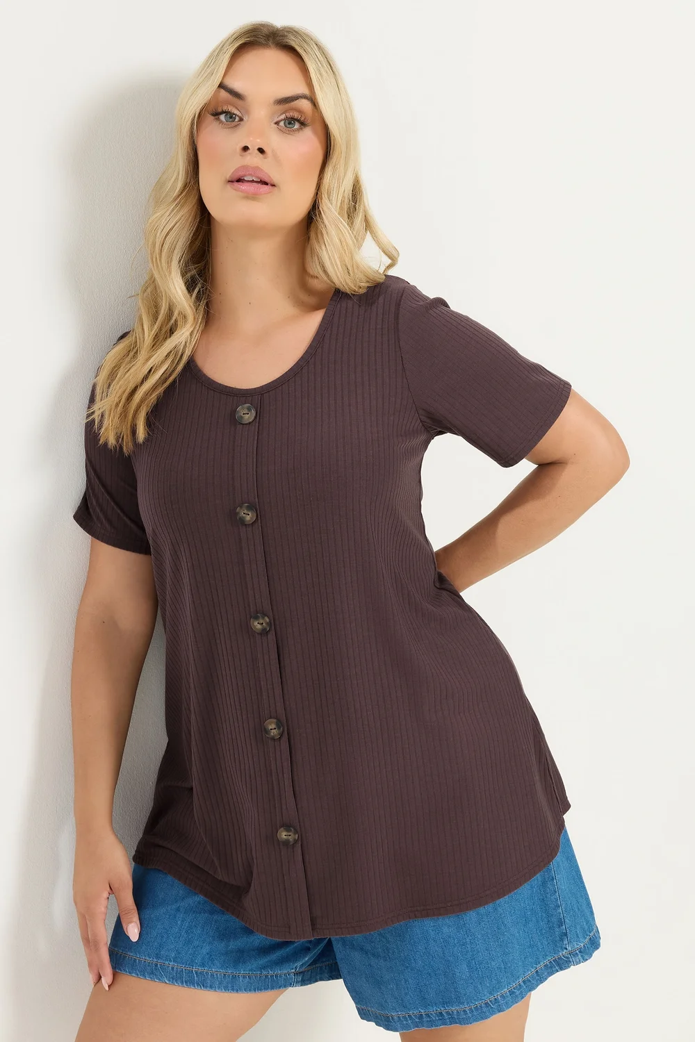 Yours Curve Brown Ribbed Short Sleeve T-Shirt - 18 Image 1