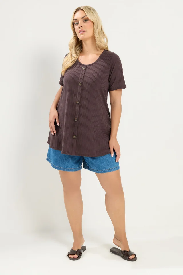 Yours Curve Brown Ribbed Short Sleeve T-Shirt