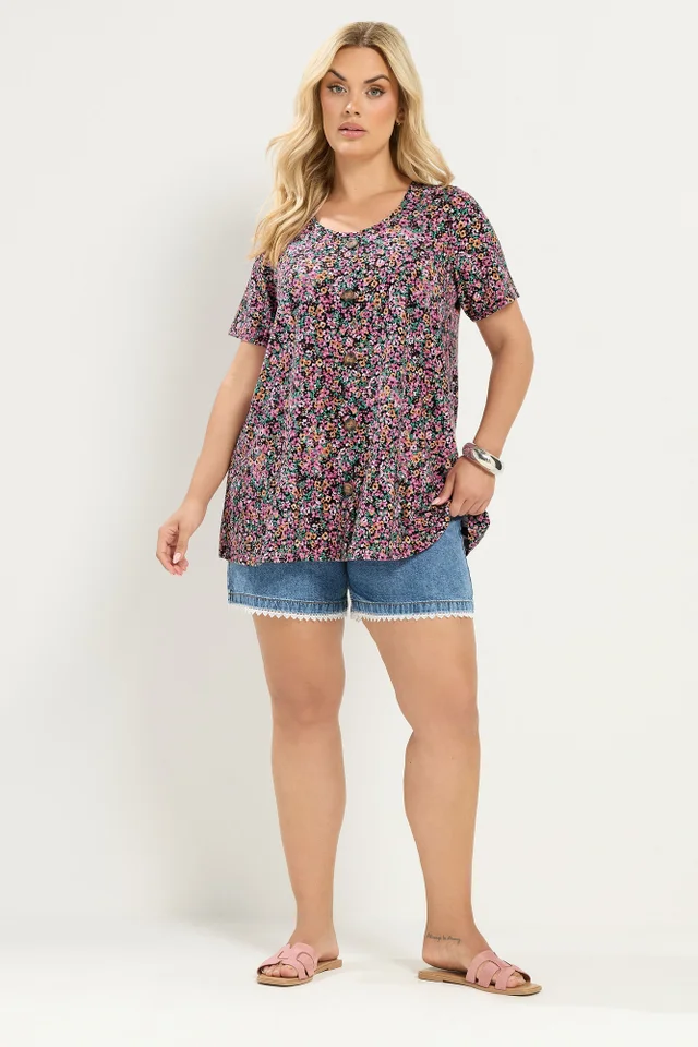 Yours Curve Pink Ditsy Floral Ribbed T-Shirt