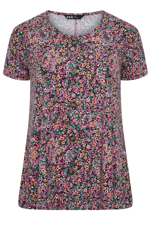 Yours Curve Pink Ditsy Floral Ribbed T-Shirt - 22-24 Image 5