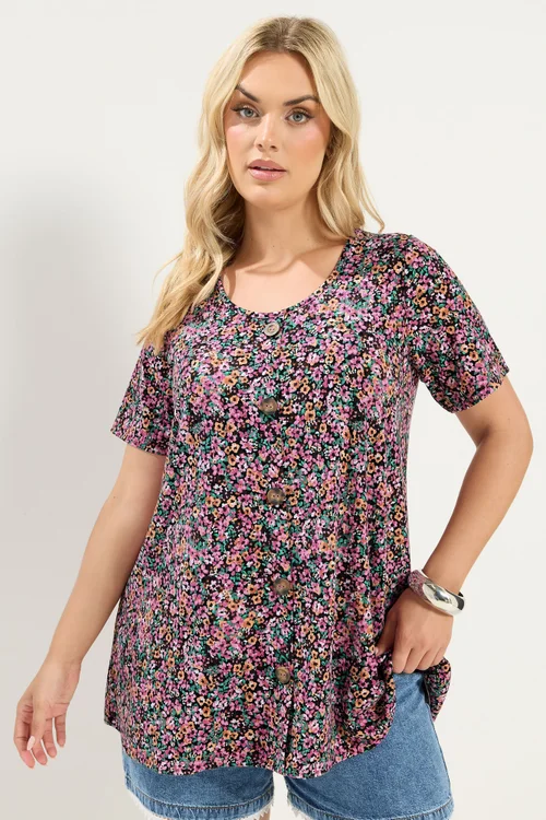 Yours Curve Pink Ditsy Floral Ribbed T-Shirt - 22-24 Image 1