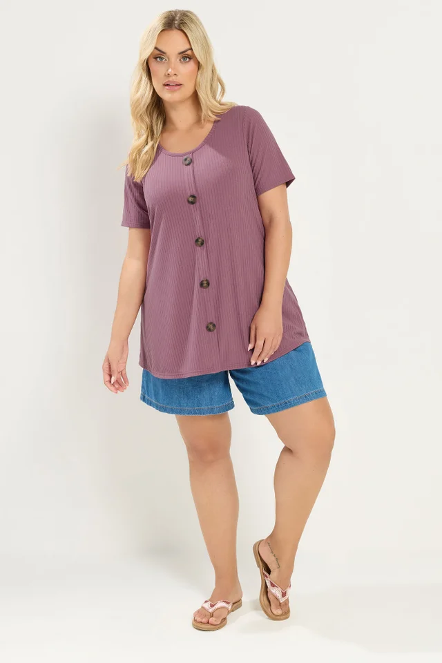 Yours Curve Pink Button Front Ribbed Swing Top