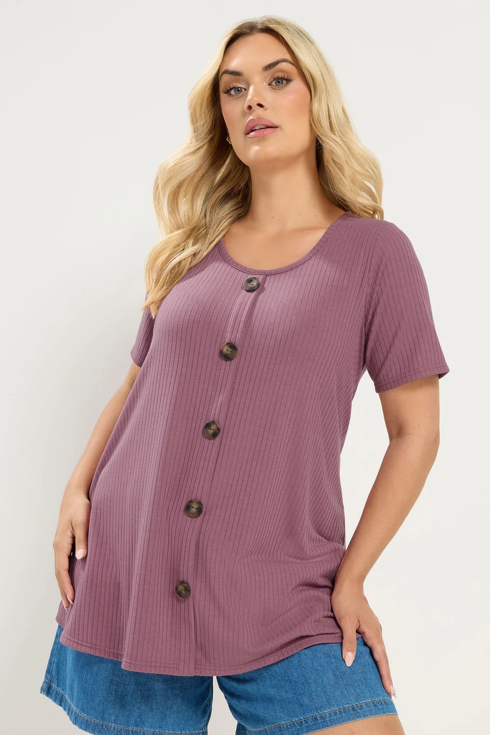 Yours Curve Pink Button Front Ribbed Swing Top - 20 Image 1