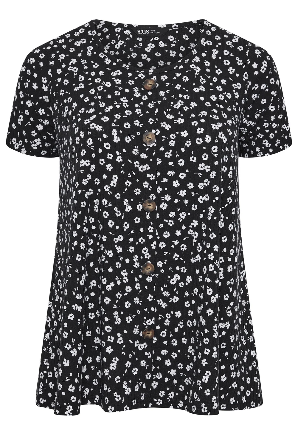 Yours Curve Black & White Ditsy Floral Ribbed T-Shirt - 20 Image 5