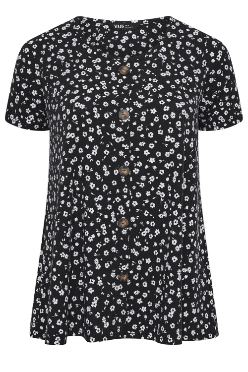 Yours Curve Black & White Ditsy Floral Ribbed T-Shirt - 20 Image 5