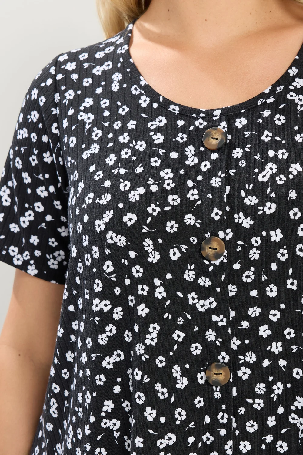 Yours Curve Black & White Ditsy Floral Ribbed T-Shirt - 20 Image 4