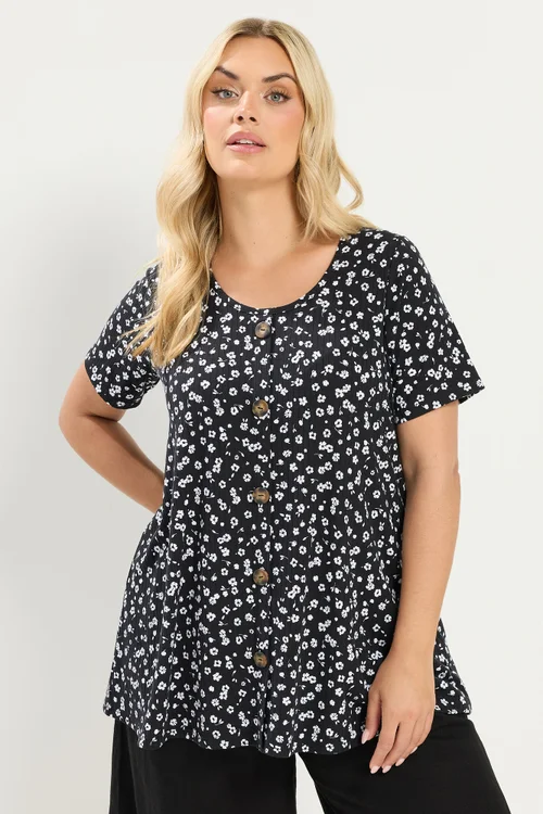Yours Curve Black & White Ditsy Floral Ribbed T-Shirt - 20 Image 1
