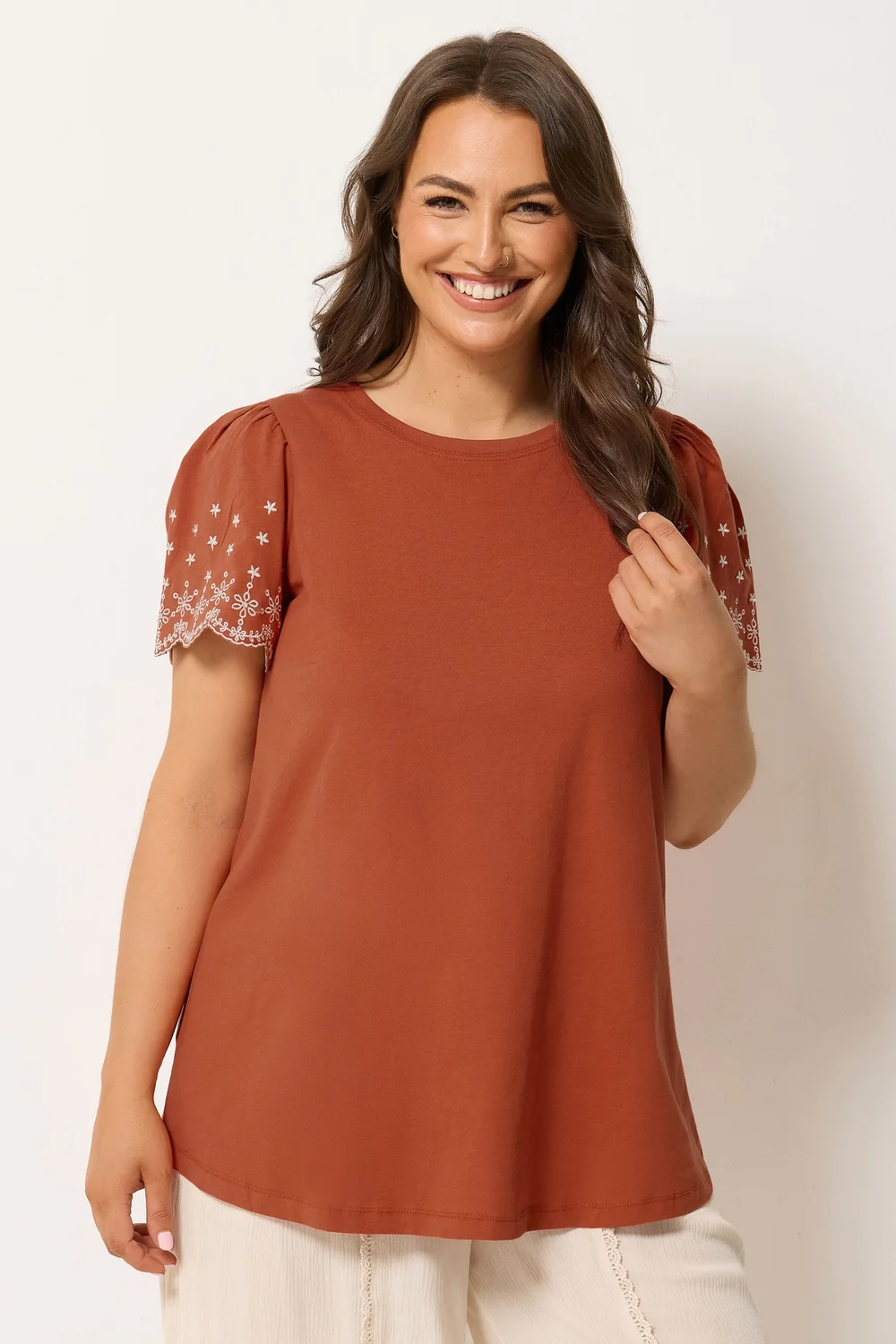 Yours Orange Embroidered Sleeve T-Shirt - 26-28 Image 1