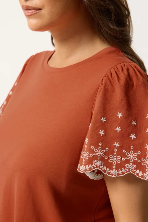 Yours Orange Embroidered Sleeve T-Shirt - 26-28 Image 4