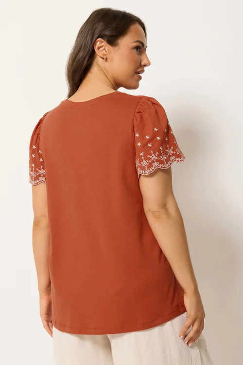 Yours Orange Embroidered Sleeve T-Shirt - 26-28 Image 3