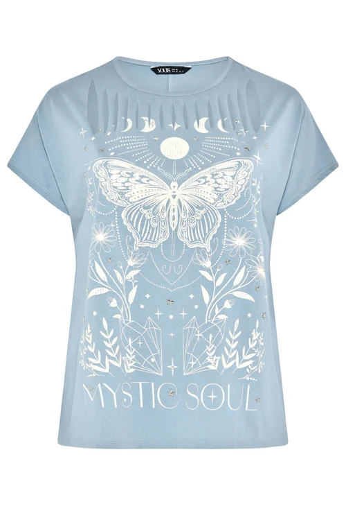 Yours Curve Blue 'Mystic Soul' Laser Cut Slogan T-Shirt - 26-28 Image 5