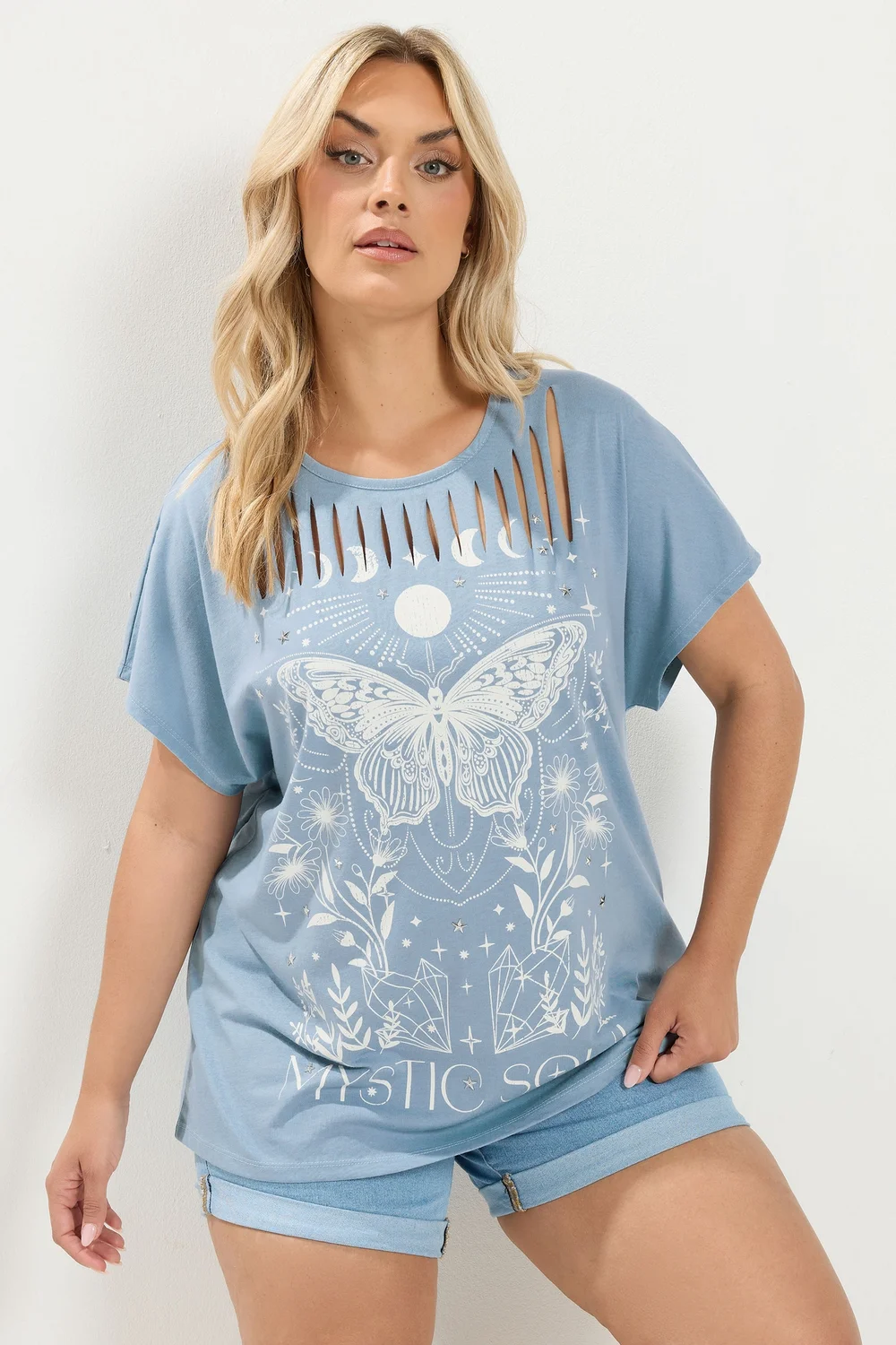 Yours Curve Blue 'Mystic Soul' Laser Cut Slogan T-Shirt - 26-28 Image 1