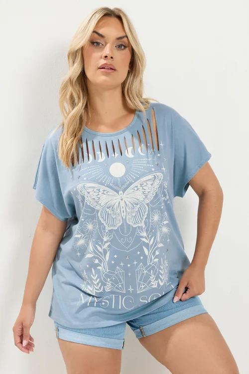 Yours Curve Blue 'Mystic Soul' Laser Cut Slogan T-Shirt - 26-28 Image 1