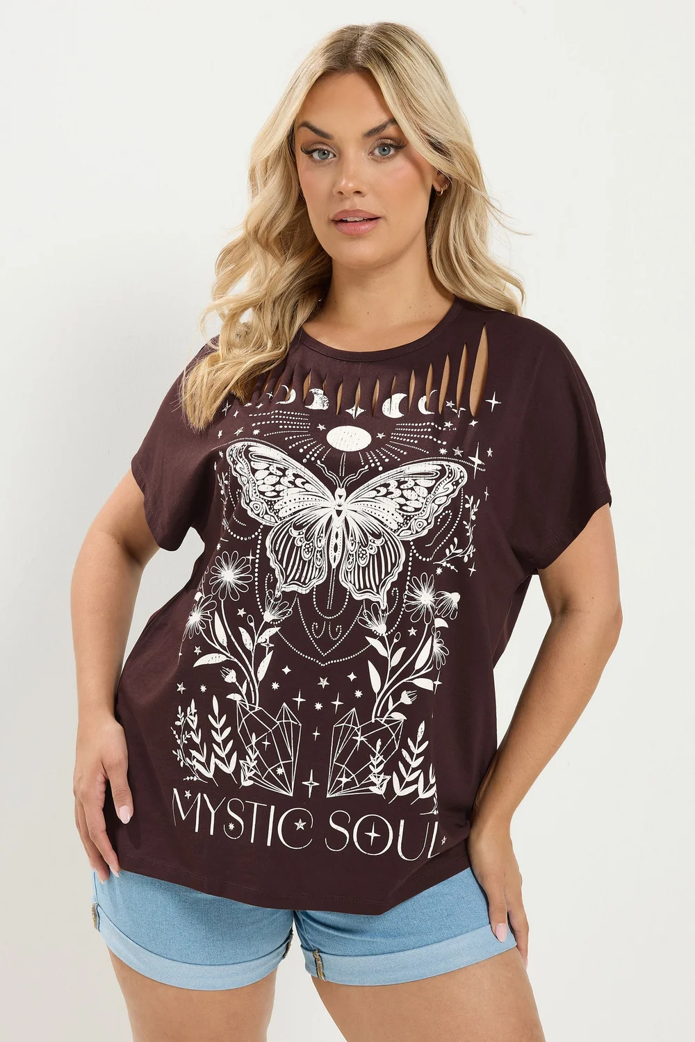 Yours Curve Brown 'Mystic Soul' Laser Cut Slogan T-Shirt - 26-28 Image 1